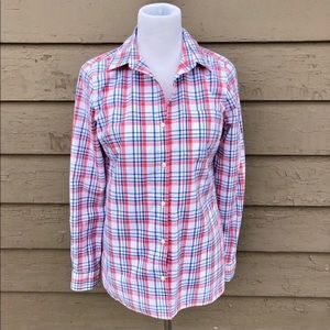 Banana Republic brushed cotton plaid shirt, coral and grey. Size M